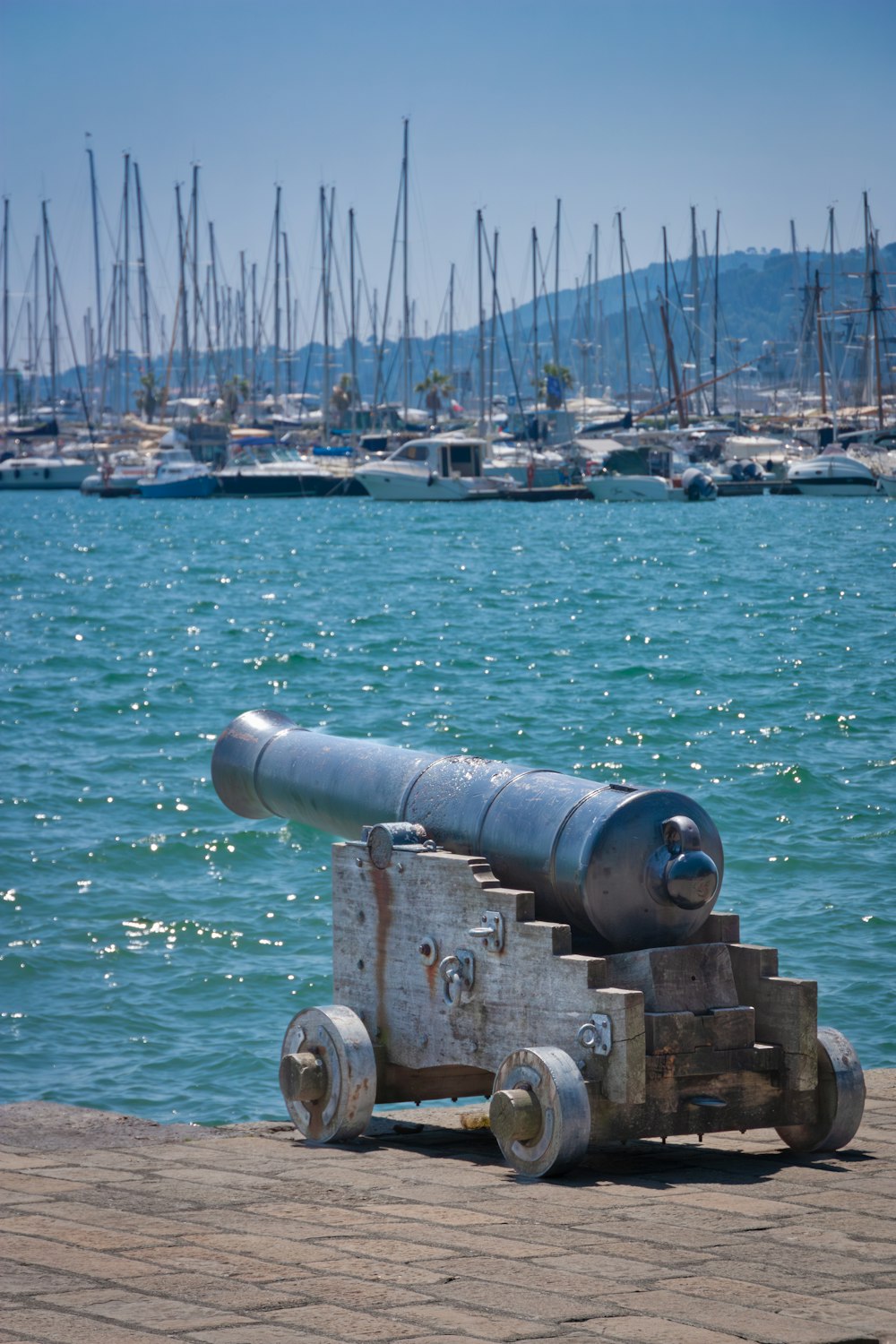 a cannon sitting on top of a wooden dock