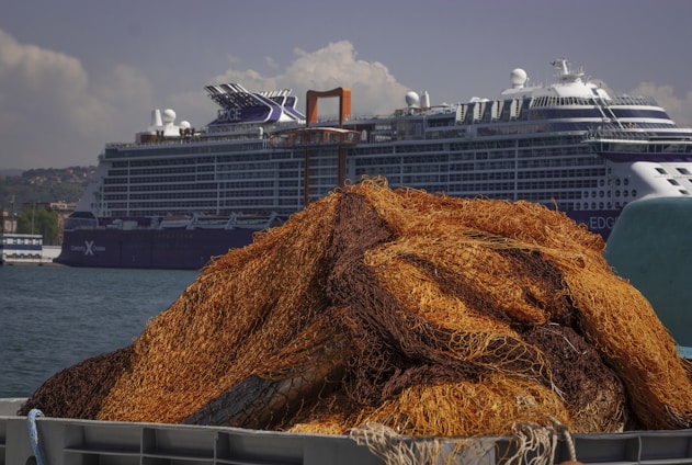 A large cruise ship is docked at a port with a pile of fishing nets in the foreground. The ship dominates the background, featuring a prominent luxury liner design with visible decks and accommodations. The fishing nets are tangled and weathered, with rich, earthy tones. The scene conveys a contrast between industrial seafaring vessels and traditional fishing tools.