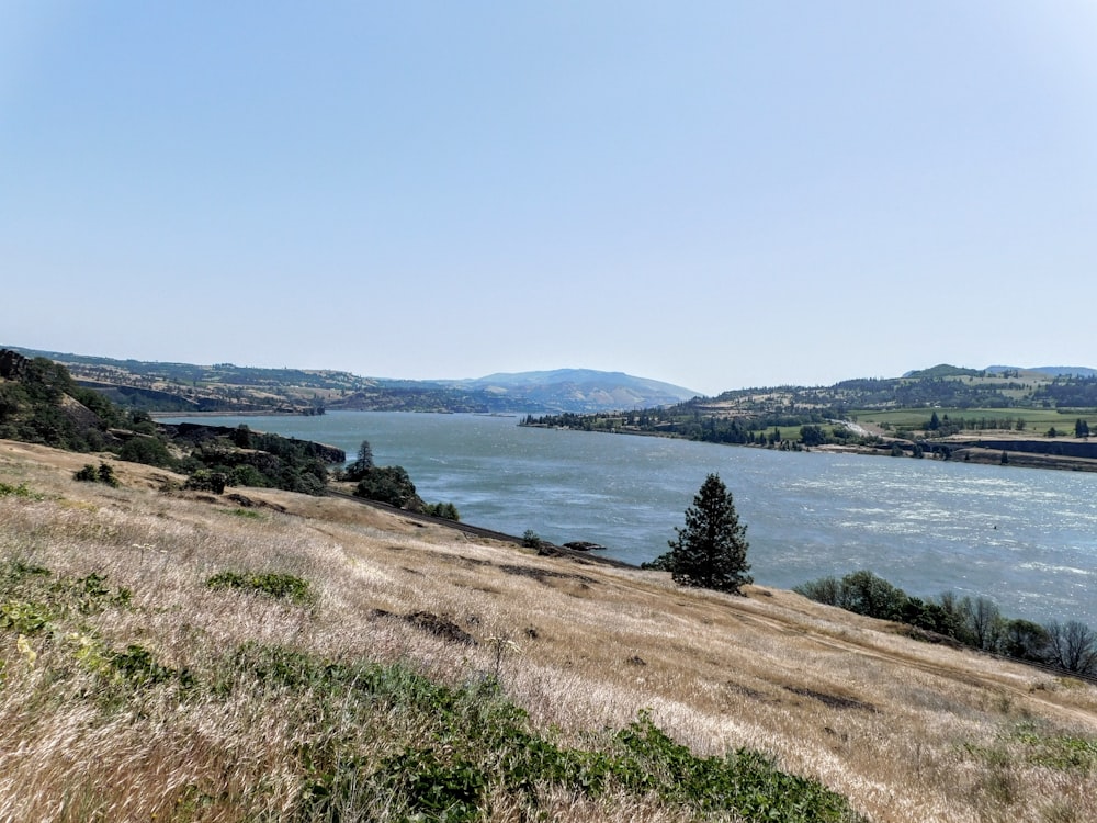 a large body of water sitting next to a lush green hillside