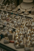 Elegant jewelry pieces displayed on velvet cushions.