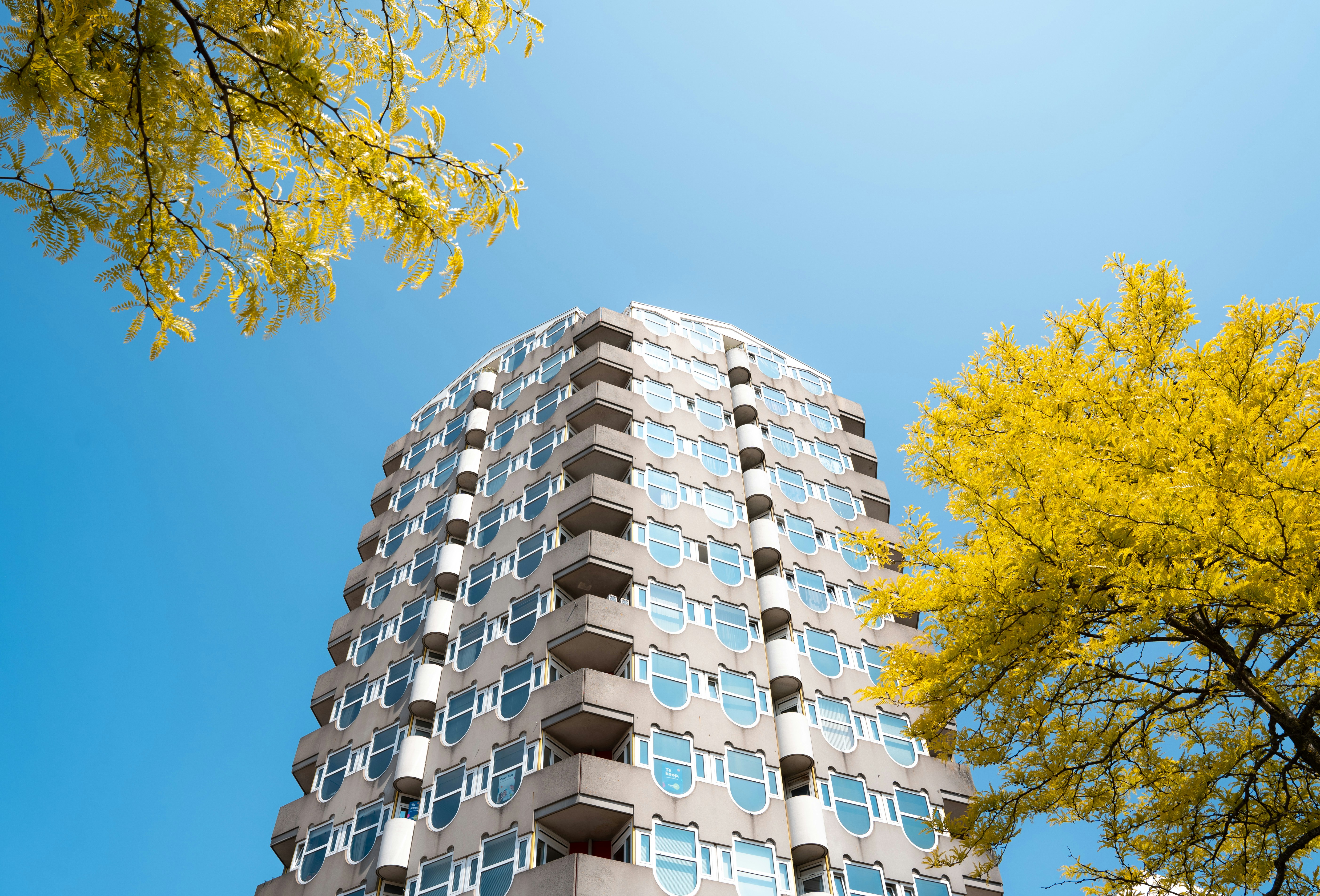 a tall building with lots of windows next to trees