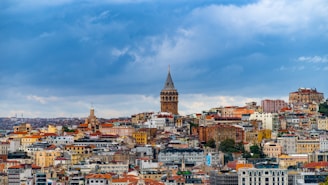 a view of a city with a clock tower