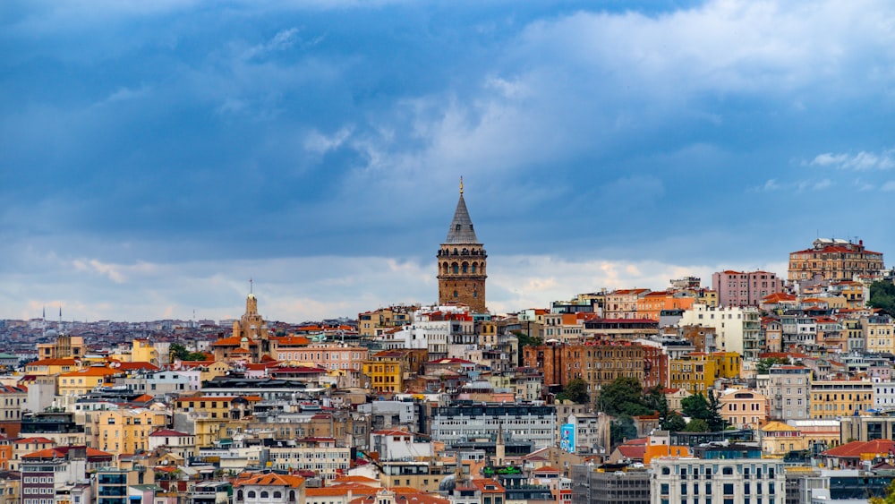 a view of a city with a clock tower