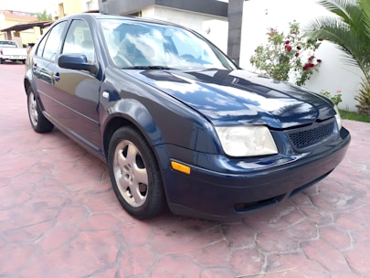 Shiny, freshly washed blue sedan parked outside a cozy home driveway on a sunny day.