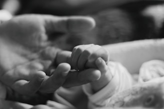 a black and white photo of a person holding a baby's hand