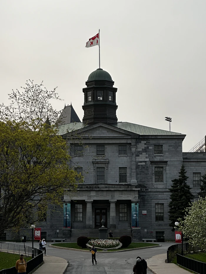 McGill University building with flag, Montreal