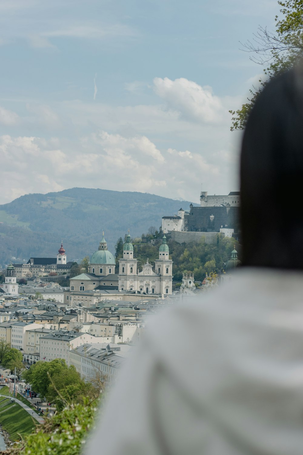 a person standing on a hill overlooking a city