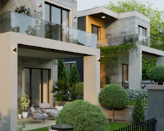 a house with a lot of trees and bushes in front of it