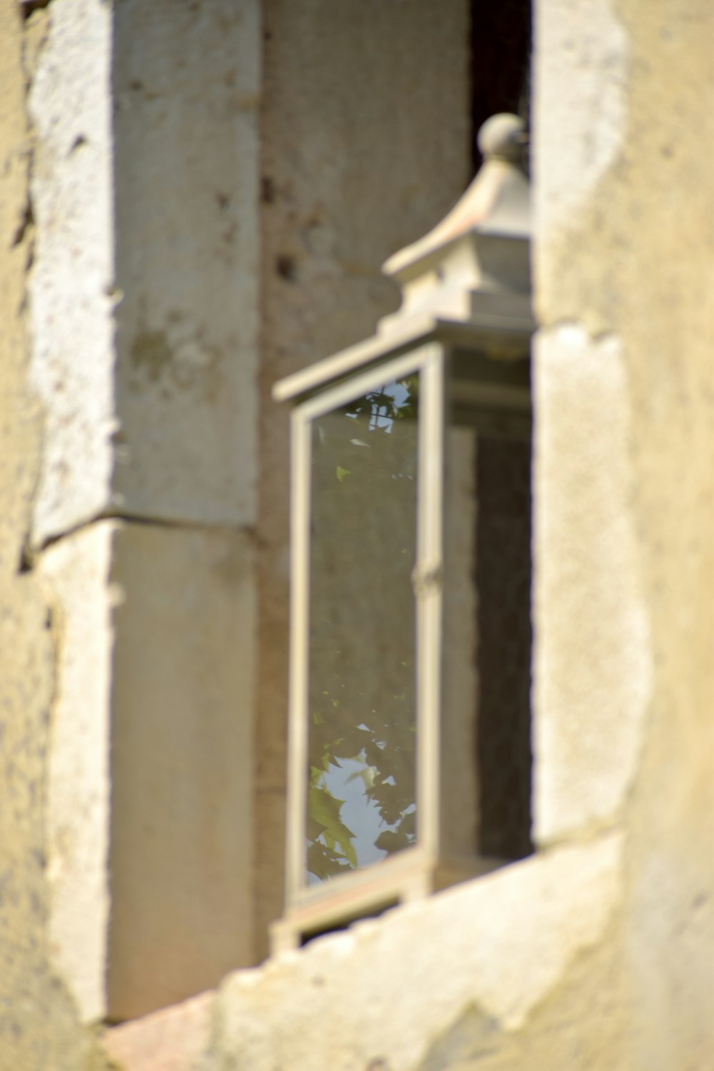 a window with a bird sitting on the window sill