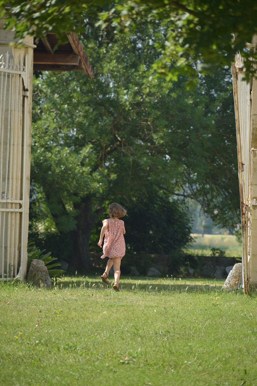 a little girl in a pink dress playing with a frisbee