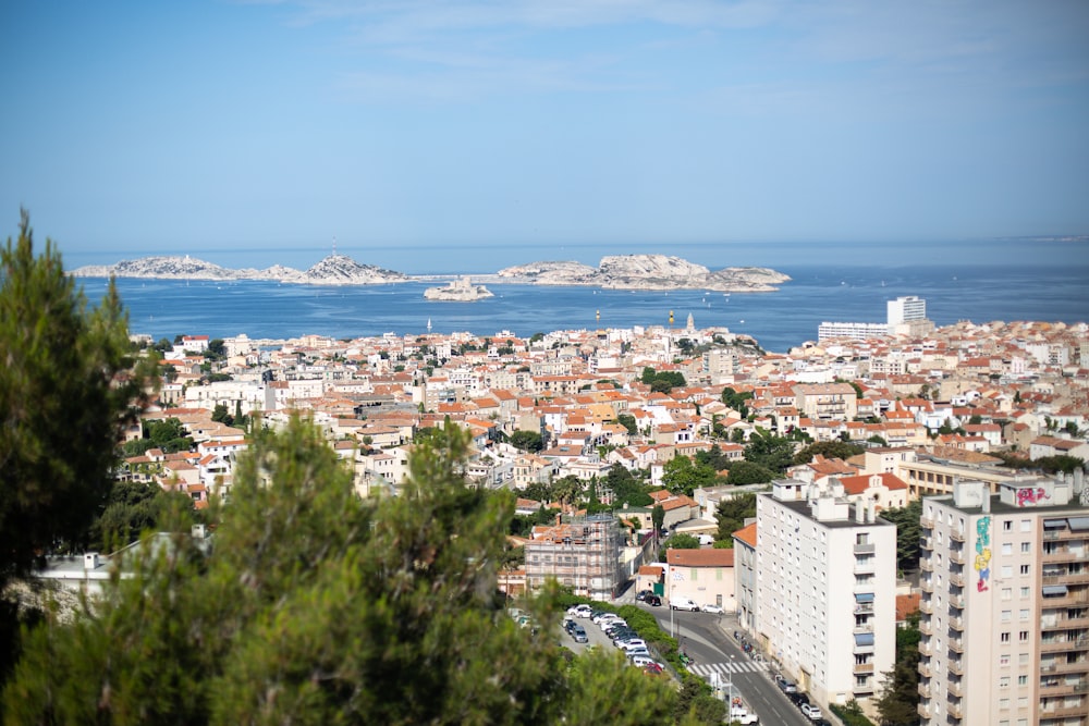 a view of a city with a body of water in the distance