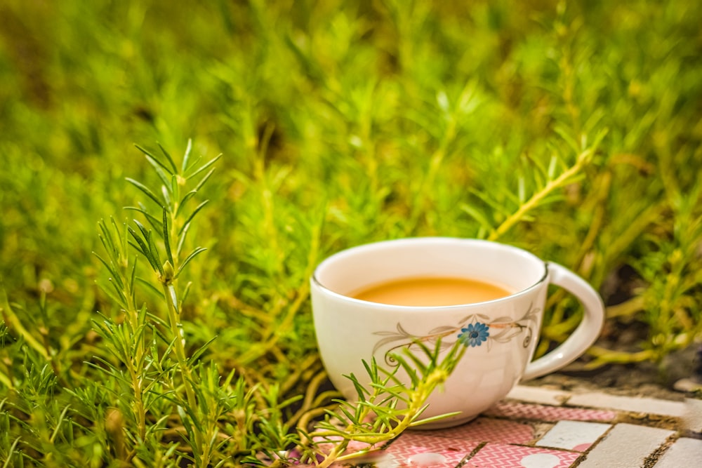 a cup of coffee sitting on top of a patch of grass