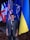 A person is standing in front of a row of international flags. The individual is wearing a blue blazer over a dark shirt and has a lanyard around their neck. The flags behind the person include those from the United States, the United Kingdom, and other nations, as well as some organizational flags. The setting appears to be indoors with a patterned carpet visible on the floor.