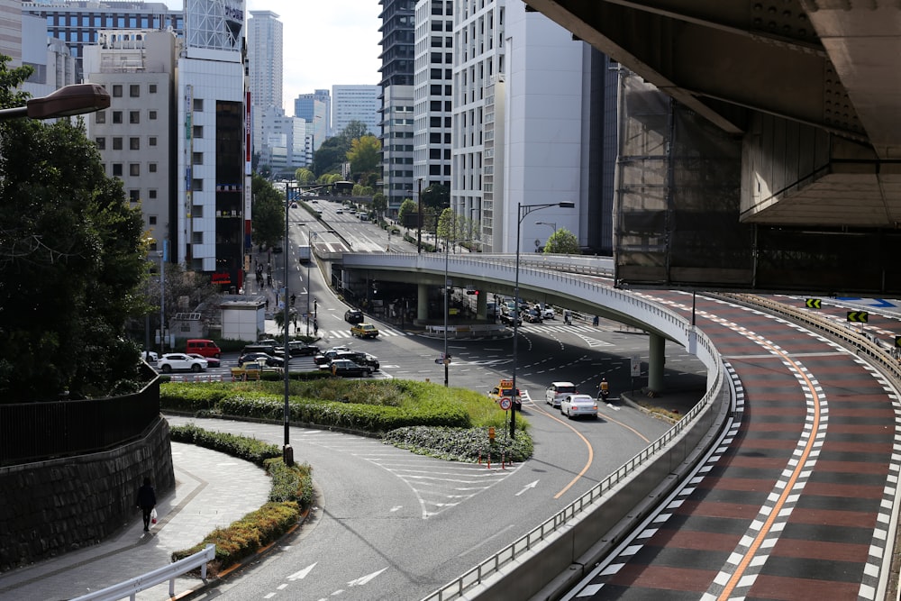 a view of a city street from a bridge