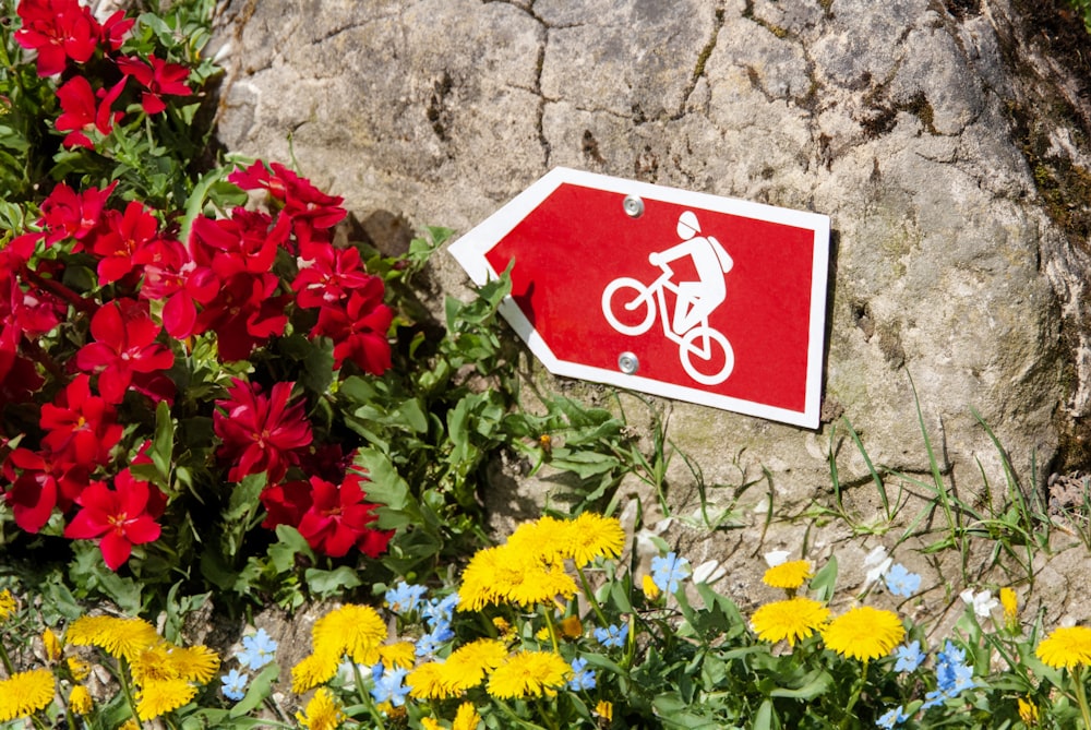 a red stop sign sitting next to a bunch of flowers