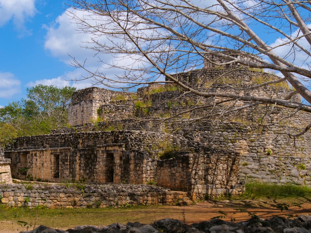 a stone building with a tree in front of it