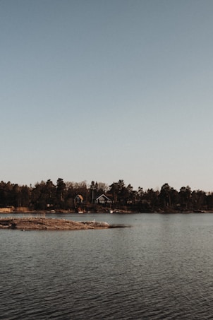 A serene landscape with calm waters in the foreground and a small island. Across the water, there is a shoreline with trees and two small houses, adding a rustic charm to the scene. The sky is clear with a gentle gradient of colors from blue to soft gray.