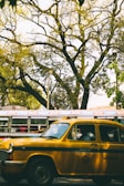 A vibrant yellow cab cruising through Dehradun city streets lined with trees and shops