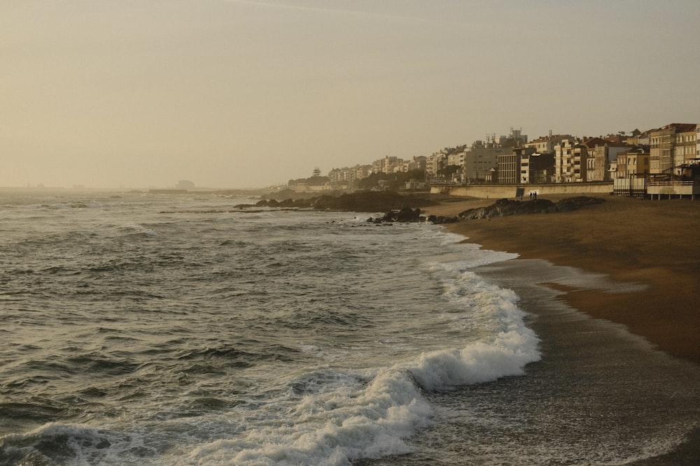 a view of a beach with houses in the distance
