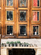 A rustic wooden door with multiple glass panes reflects various interior items, including colorful decorations and a red patterned fabric. In front of the door, a wooden shelf holds several small potted plants in a row, adding a touch of greenery.