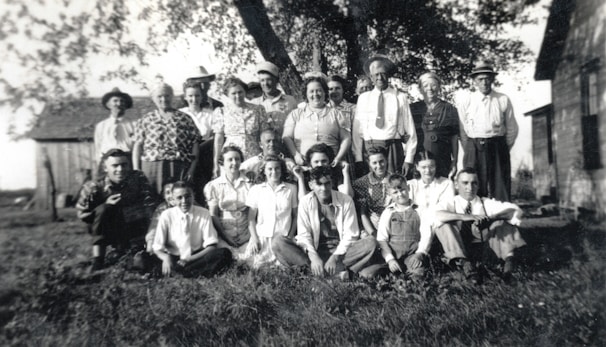 Colorful snapshot of a family picnic in the 1950s with vintage clothing