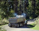 A large dump truck is traveling along a narrow, curving road surrounded by dense green foliage and tall trees. Smoke is visible rising from the truck's exhaust as it moves. The scene is set during daytime with bright sunlight filtering through the leaves.