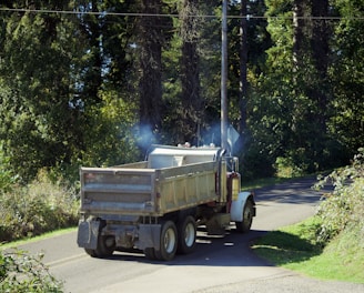 A large dump truck is traveling along a narrow, curving road surrounded by dense green foliage and tall trees. Smoke is visible rising from the truck's exhaust as it moves. The scene is set during daytime with bright sunlight filtering through the leaves.