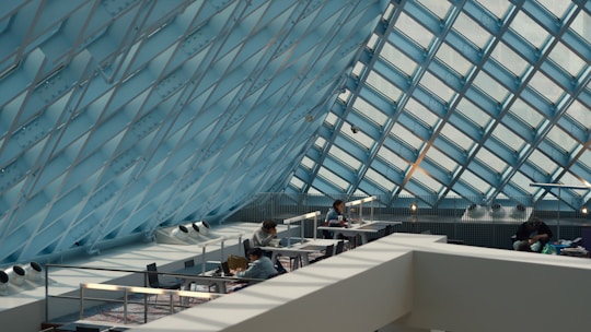Students collaborating in a modern university study space filled with natural light.
