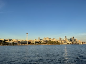A peaceful view of the Puget Sound from the West Slope neighborhood, with the Narrows Bridge in the distance under a clear blue sky.
