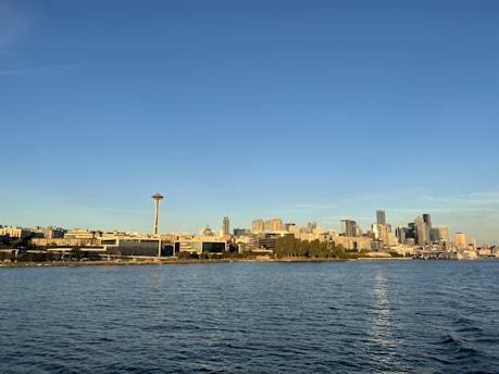 A peaceful view of the Puget Sound from the West Slope neighborhood, with the Narrows Bridge in the distance under a clear blue sky.