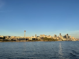A city skyline with modern skyscrapers and the prominent Space Needle against a clear blue sky. The view is from across a body of water with gentle ripples reflecting the sunlight.