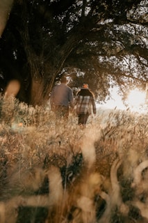 a couple of people walking through a field