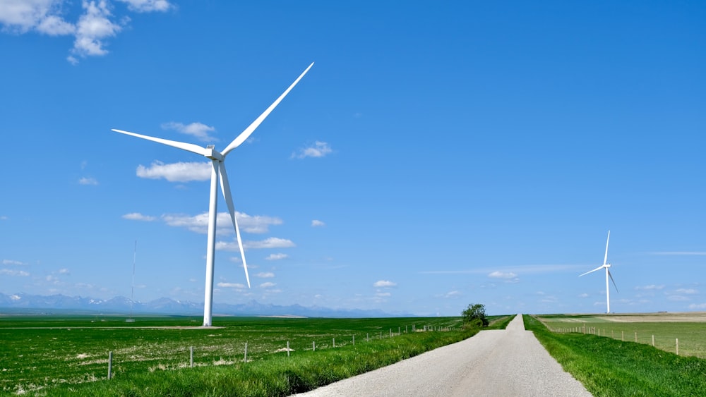 a wind farm and a dirt road on a sunny day