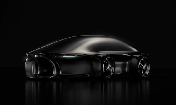 Sleek futuristic vehicle concept art with sharp lines and dark ambient lighting.