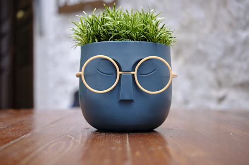 A decorative plant pot with a face design, featuring a pair of round eyeglasses and a simplistic facial expression, sits on a wooden surface. The pot holds green foliage resembling grass.