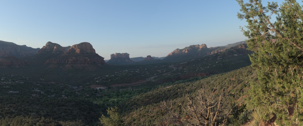 uma vista de um vale com montanhas ao fundo