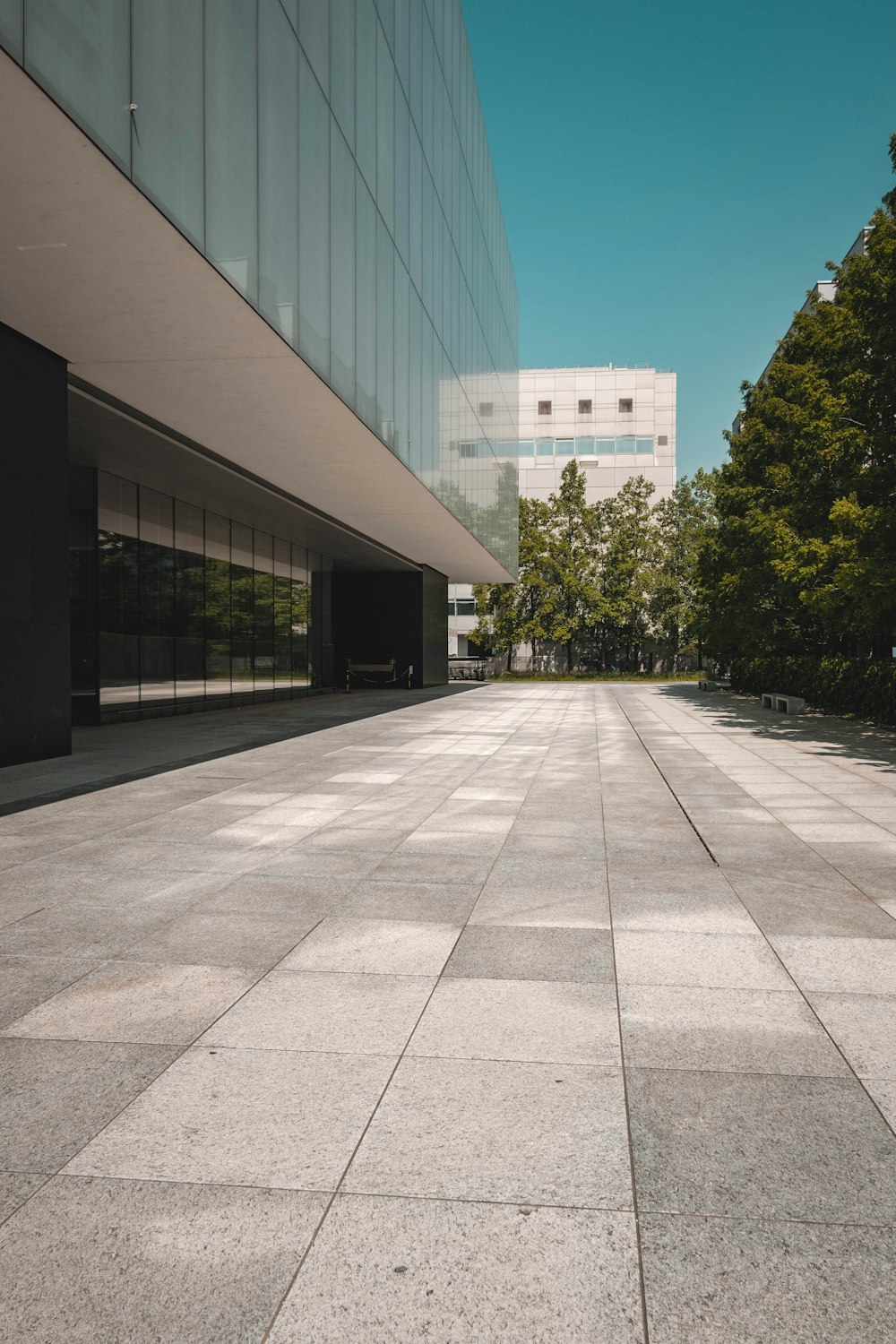 an empty walkway in front of a large building