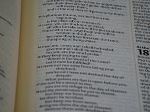 A close-up view of a page from a book, featuring text that appears to be biblical or poetic in nature. The text includes verses numbered sequentially, with some words in bold to emphasize importance. The background includes columns of text with clear typographic separation.