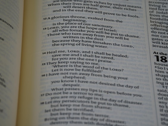 A close-up view of a page from a book, featuring text that appears to be biblical or poetic in nature. The text includes verses numbered sequentially, with some words in bold to emphasize importance. The background includes columns of text with clear typographic separation.
