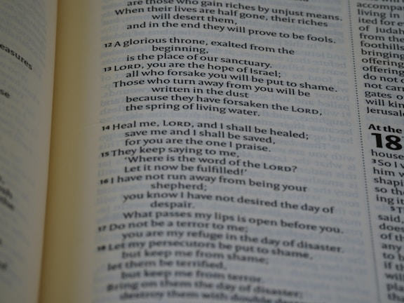 A close-up view of a page from a book, featuring text that appears to be biblical or poetic in nature. The text includes verses numbered sequentially, with some words in bold to emphasize importance. The background includes columns of text with clear typographic separation.