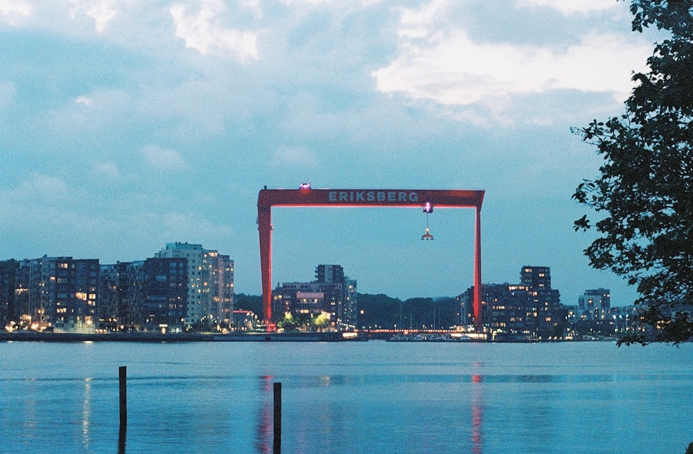 a body of water with a large sign in the middle of it