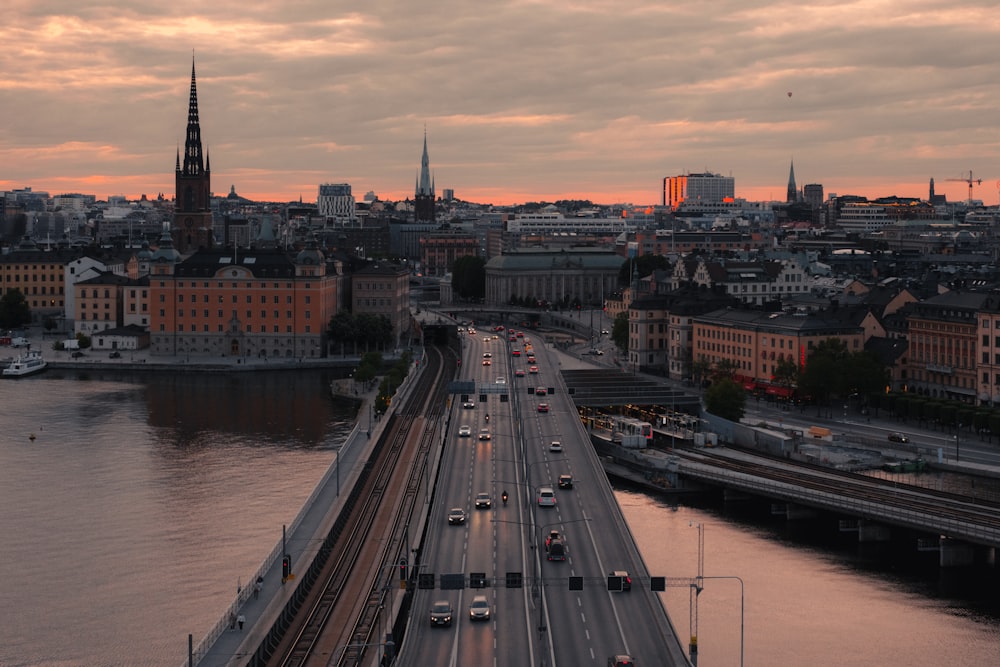 a view of a city with a bridge over a river