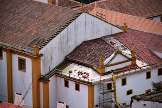 a view of a building with a lot of roof tiles