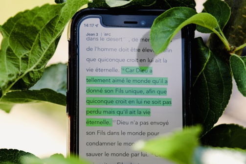 A smartphone is being held among lush green leaves, displaying a Bible verse from John 3:16 in French. The text is highlighted in green against a white background, and the screen shows a time of 14:17. The phone's edges are slightly visible.