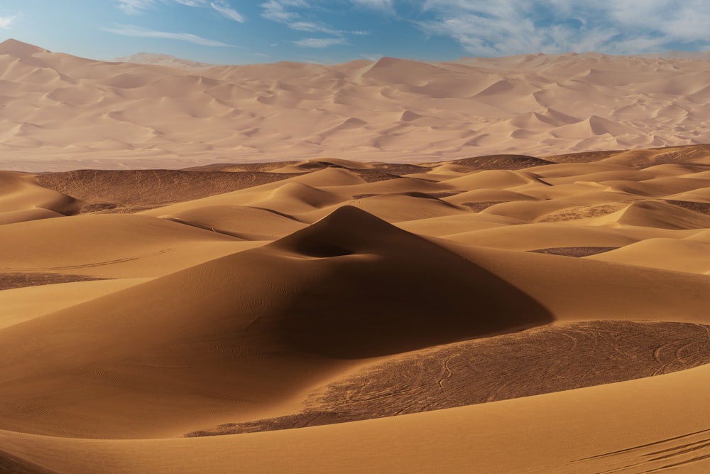 a desert with sand dunes and mountains in the background