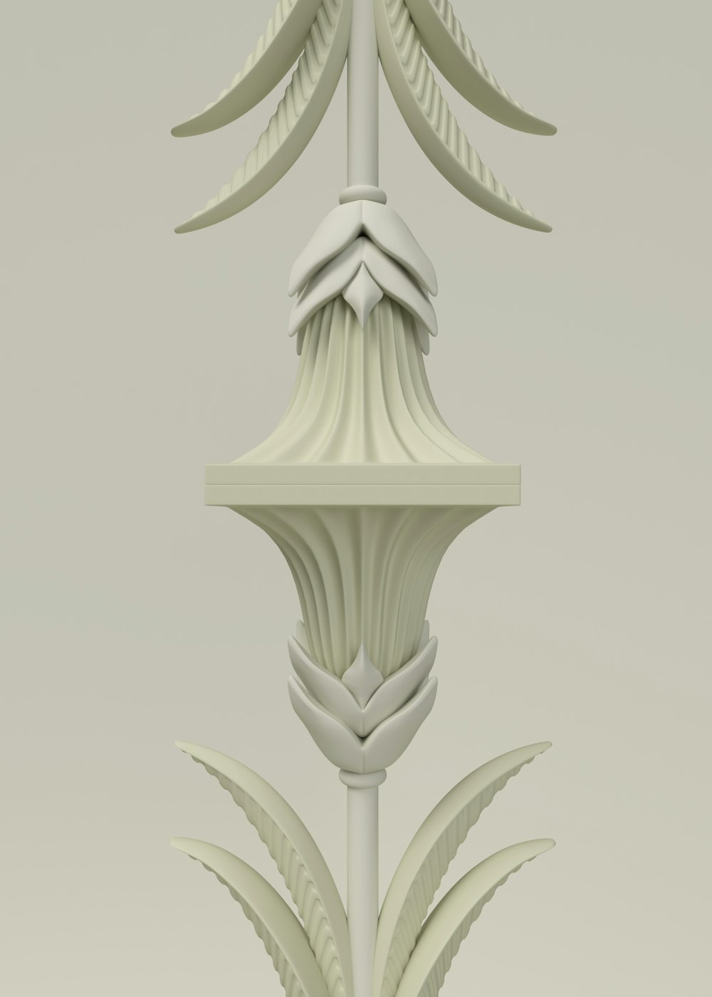 a tall white sculpture with a flower on top of it