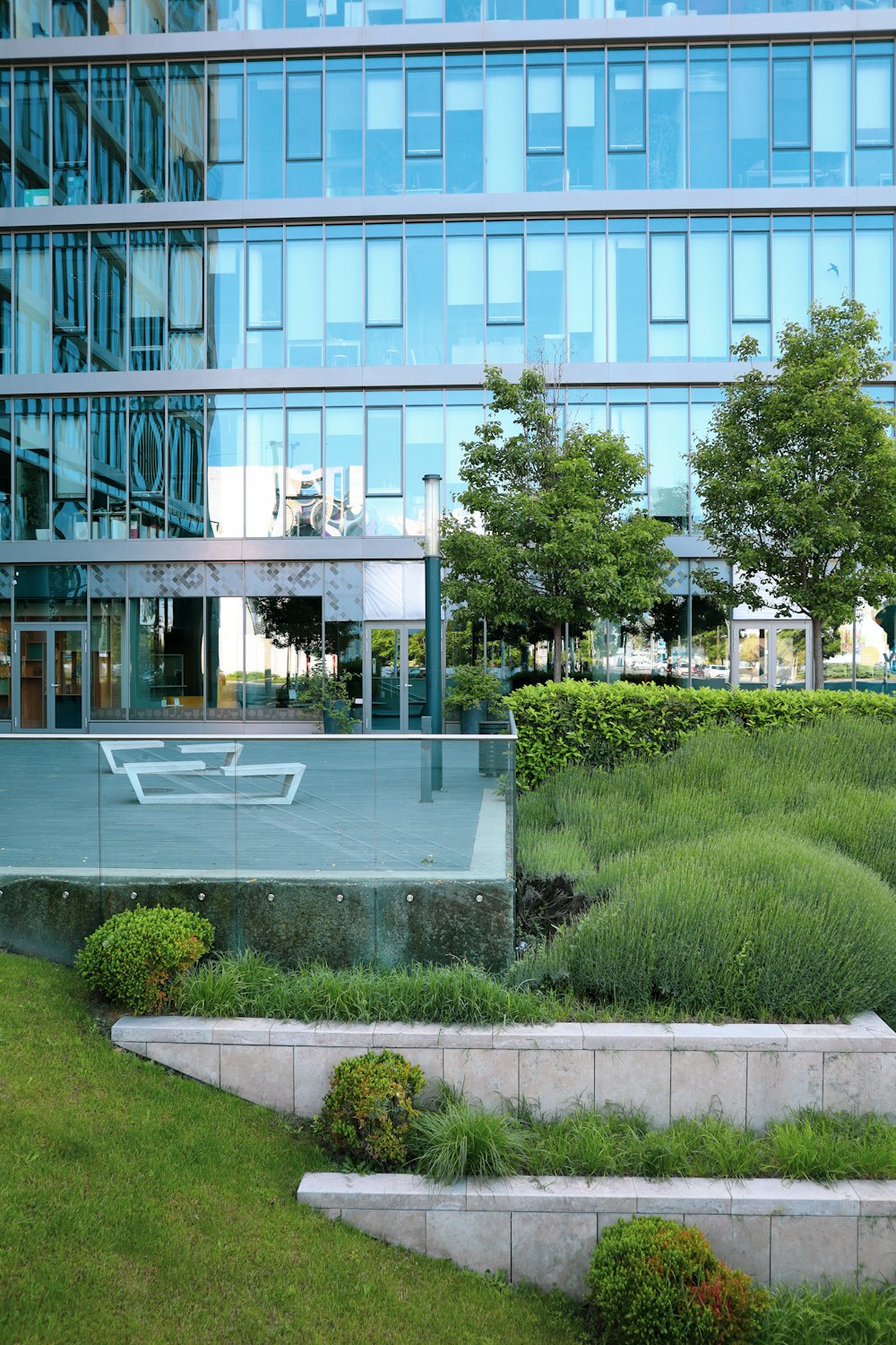 a glass building with a grassy area in front of it