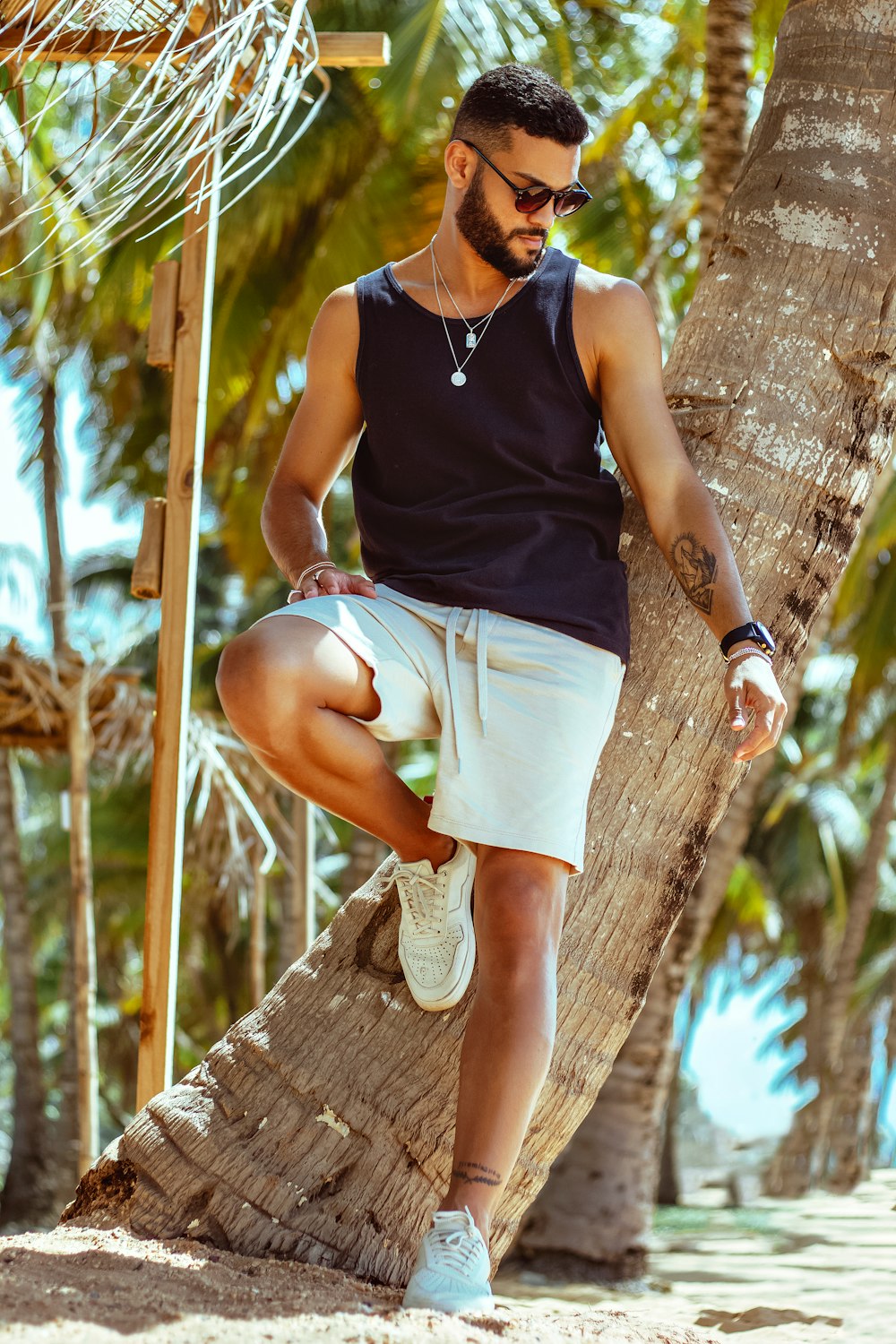 a man leaning against a palm tree on the beach