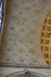 The image features an intricately designed architectural ceiling with geometric patterns. Hexagonal and circular shapes are arranged symmetrically, creating a visually appealing texture. The ceiling is made of stone or a similar material, with subtle color variations giving it a classic and sophisticated look.