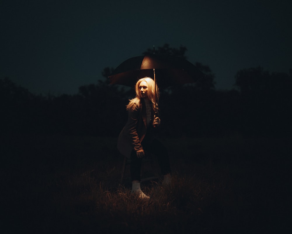 a woman standing in a field holding an umbrella